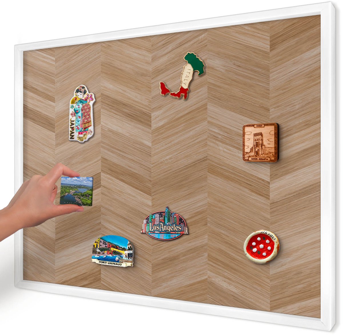 Artprintcave Bruin Magneetbord mit Witte Lijst - 70x50 cm - Houten Visgraatmotief Magneetbord Voor Keuken - Rustiek Magnetisch Bord - Texturen