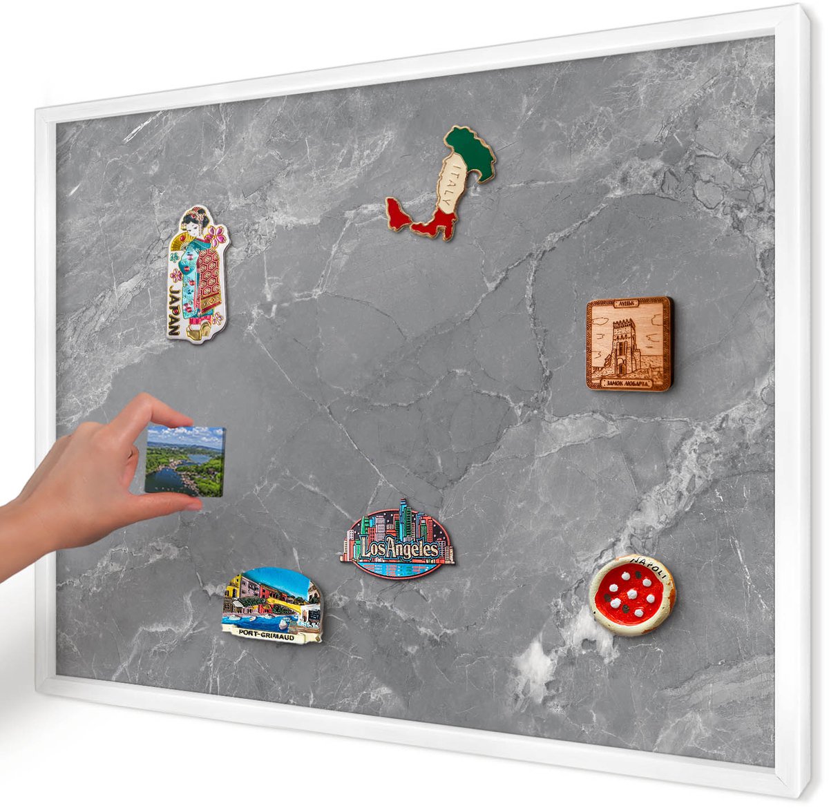 Artprintcave Grijs Magneetbord mit Witte Lijst - 70x50 cm - Grijs Marmer Magneetbord Voor Foto's - Minimalist Magnetisch Bord - Texturen