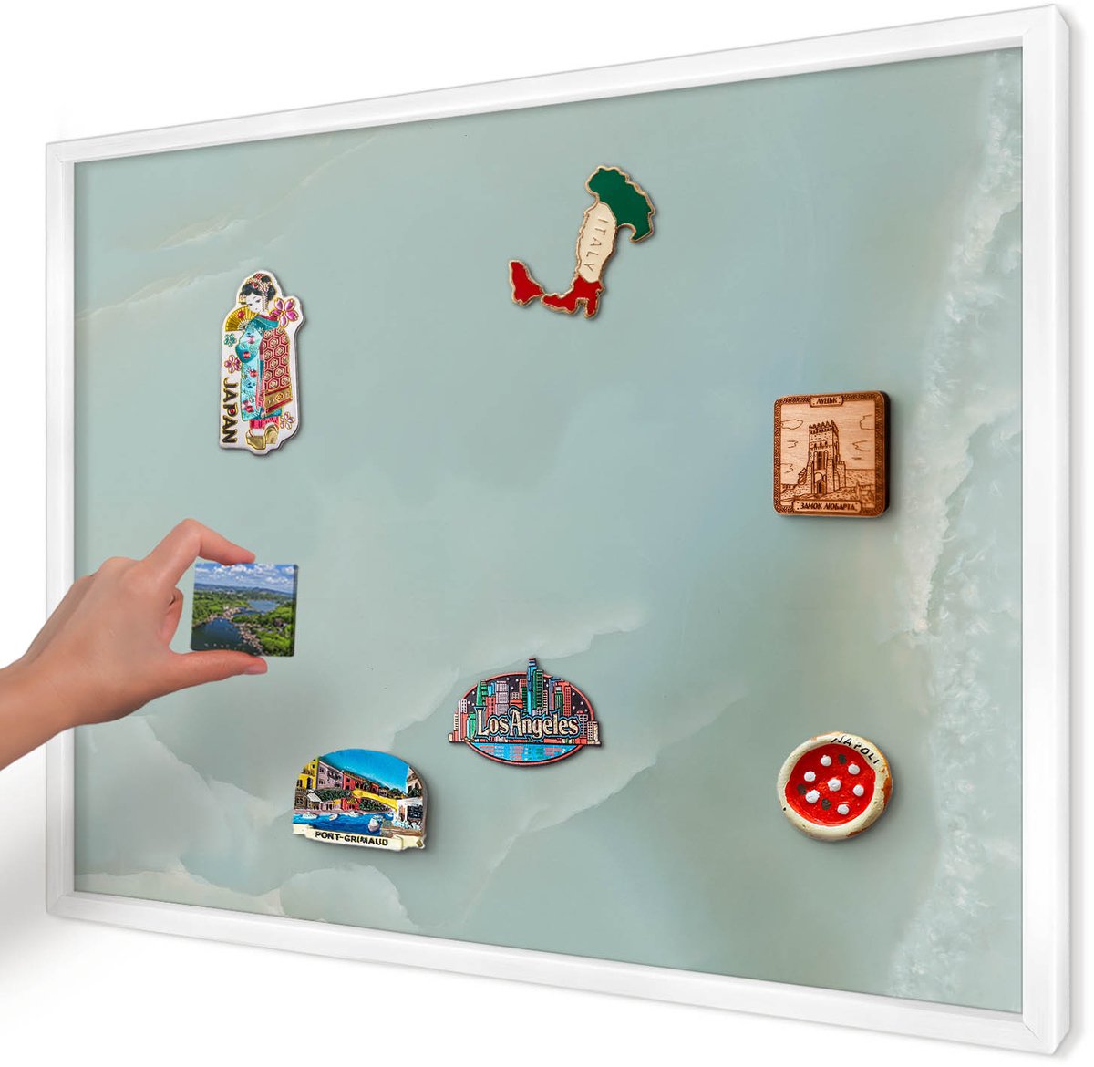 Artprintcave Turkoois Magneetbord mit Witte Lijst - 70x50 cm - Vreedzame Harmonie Magneetbord Voor Keuken - Minimalist Memobord Keuken - Achtergronden En Patronen