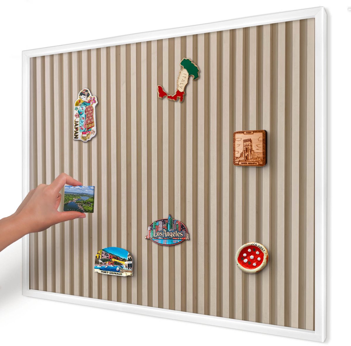 Artprintcave Beige Magneetbord mit Witte Lijst - 80x60 cm - Houten Latten Magnetische Organizer - Minimalist Magneetbord Voor Keuken - Texturen