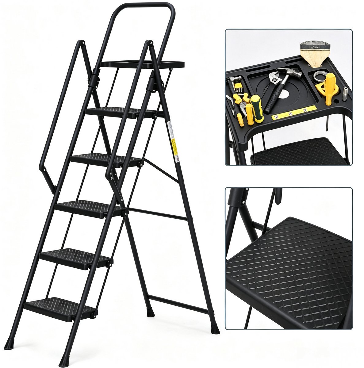 5 Treden Ladder - Opvouwbare Trapladder - Stalen Huishoudtrap - Anti-Slip Ladder – Met Gereedschapsbak – Brede Treden – Leuning – Binnen En Buiten – 172x55x9,5cm