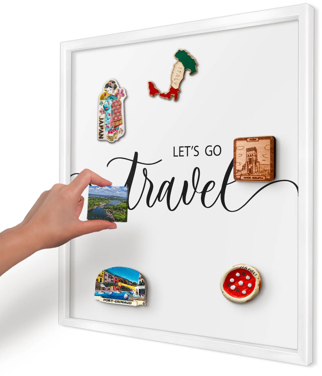 Artprintcave Zwart Magneetbord mit Witte Lijst - 50x50 cm - Laten We Samen Op Reis Gaan Magneetbord Voor Foto's - Typografisch Memobord Keuken - Teksten