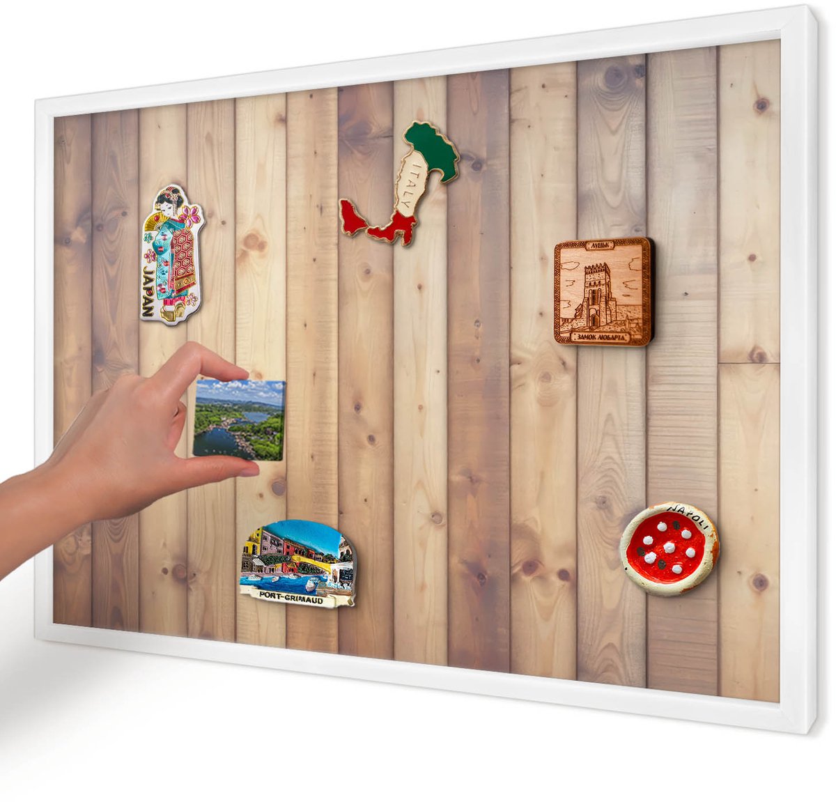 Artprintcave Bruin Magneetbord mit Witte Lijst - 60x40 cm - Houten Planken Bord Voor Magneten - Rustiek Magneet Bord mit Frame - Texturen