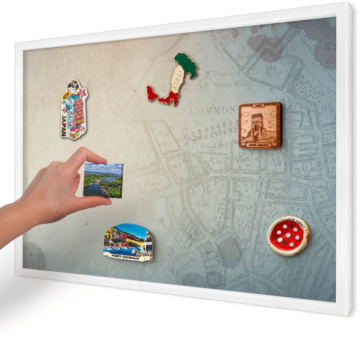 Artprintcave Beige Magneetbord mit Witte Lijst - 60x40 cm - Oude Kaart Wandbord Magnetisch - Vintage Magneet Bord mit Frame - Kaarten