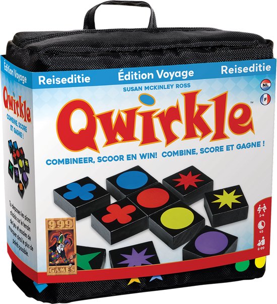 Reiseditie Qwirkle bordspel in draagtas. Box met gekleurde tegels met symbolen: combineer, scoor en win!