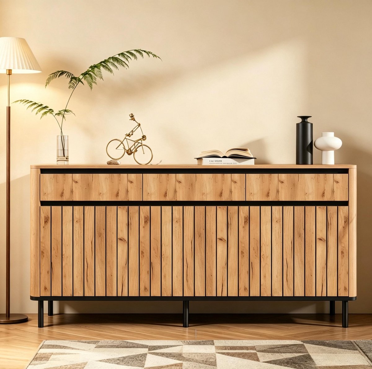FloraGrace Dressoir - Moderne Opbergkast Met 3 Lades En 3 Deuren - Voor Woonkamer Of Hal - MDF En Metaal - 160x40x73 Cm - Naturel Hout