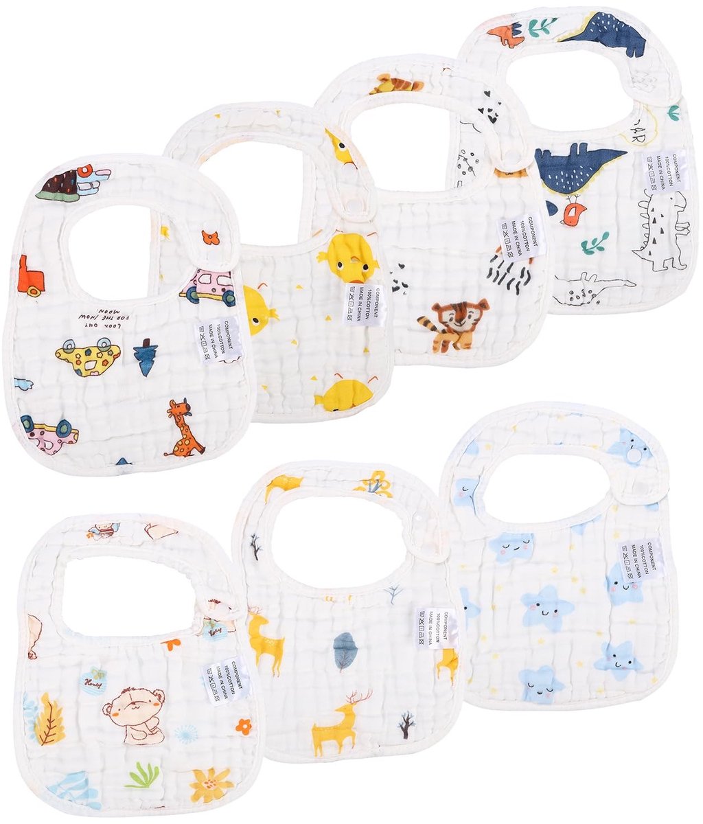Omgoods - Set van 7 Unisex Babyslabbetjes van Katoen met Drukknop