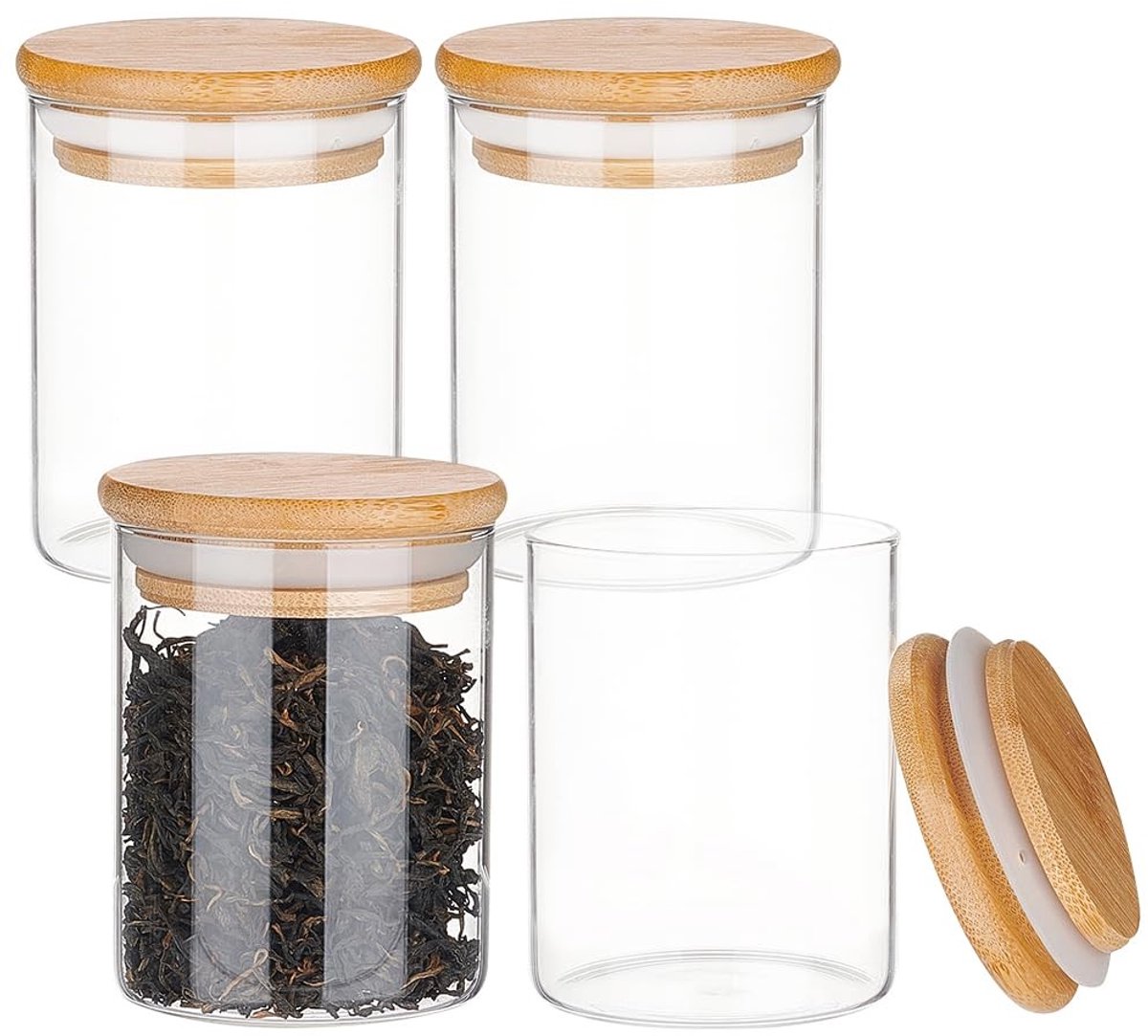 Omgoods- Kruidenopslagcontainer 4 Stuks - Doorzichtige Glazen Pot - Bamboe Deksels - Luchtdicht - 200 ml - Siliconen Ring Afdichting - Voedselopslagpot