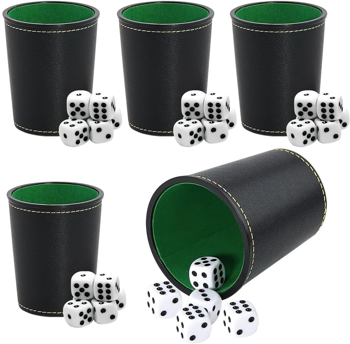 Omgoods - Set van 5 Leren Dobbelbekers met 25 Dobbelstenen