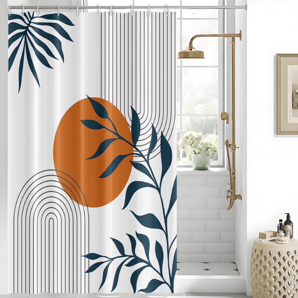 Omgoods - Minimalistische Douchegordijn met Abstracte Bladeren en Zonnemotief