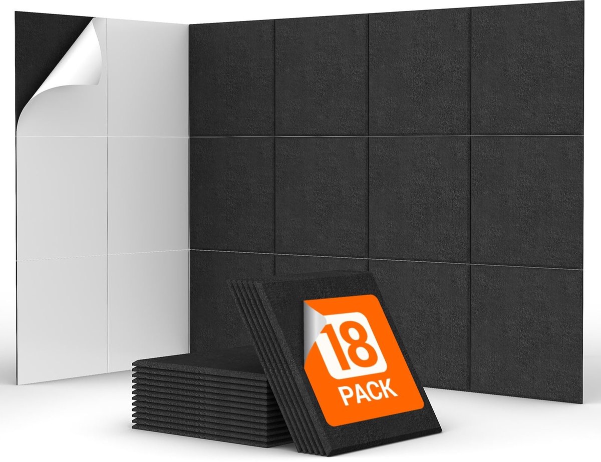 Omgoods- Akoestische Panelen Zelfklevend - 18 Pak - 30×30×0,9 cm - Geluidsisolatie - Hoge Dichtheid - Veilig Polyestervezel - Geluidsisolatiepanelen