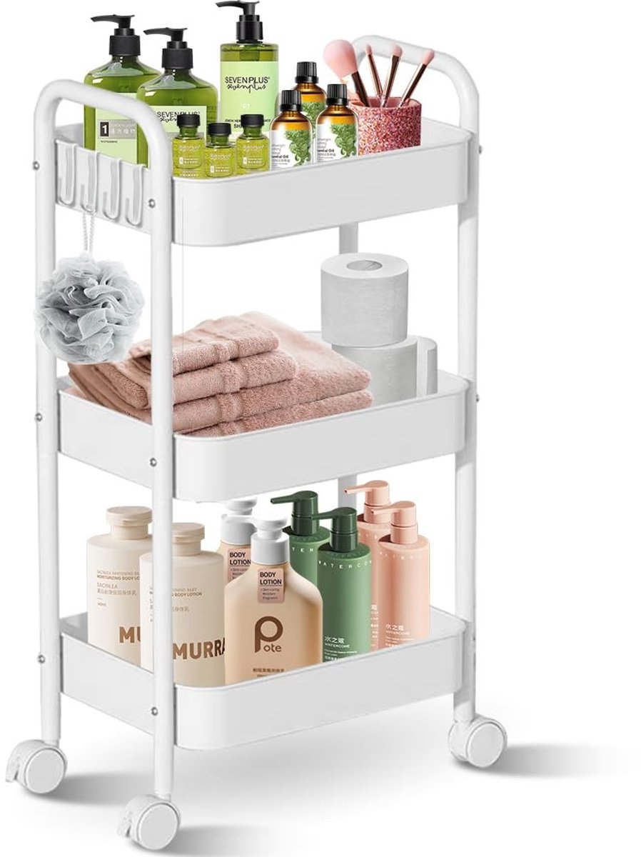 Omgoods - 3-Tier Opbergtrolley met Wielen en Handvatten, Voor Keuken en Badkamer