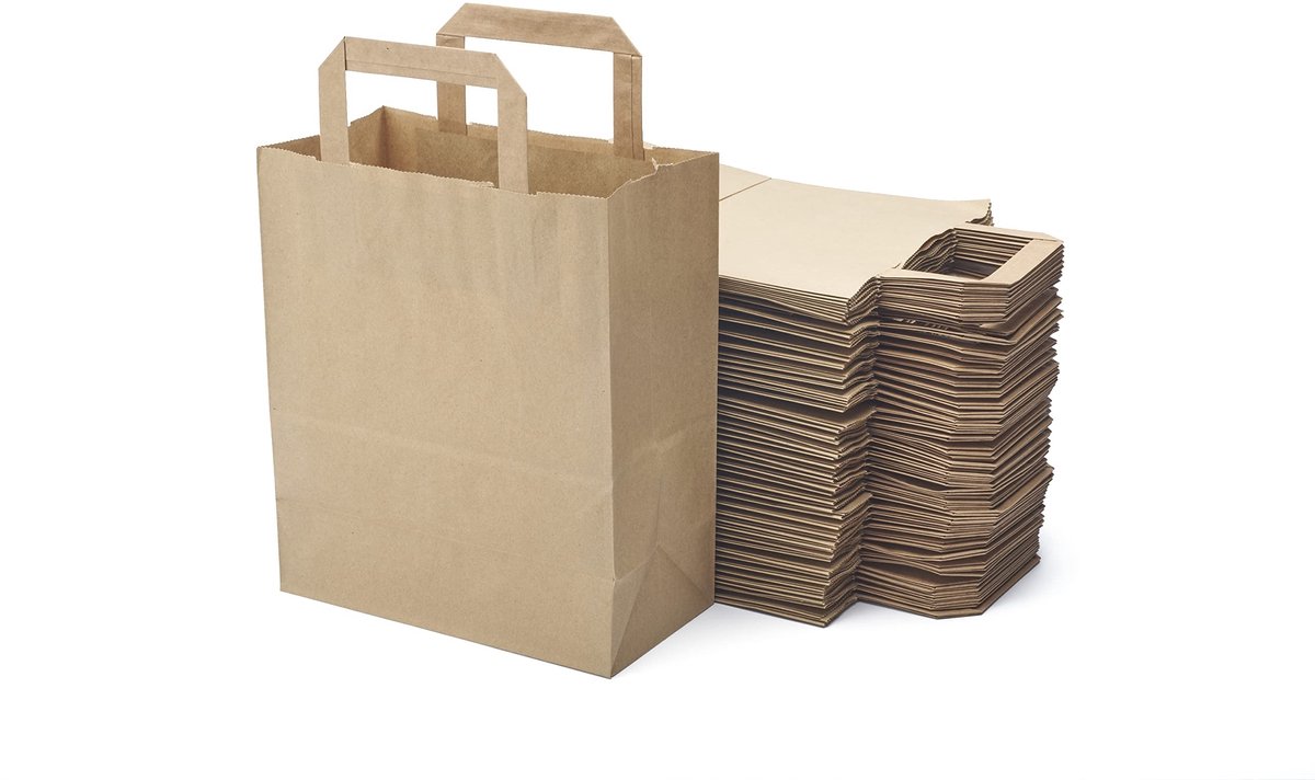 Omgoods - 50 Bruine Kraftpapier Boodschappentassen met Platte Handgrepen 22x10x28 cm
