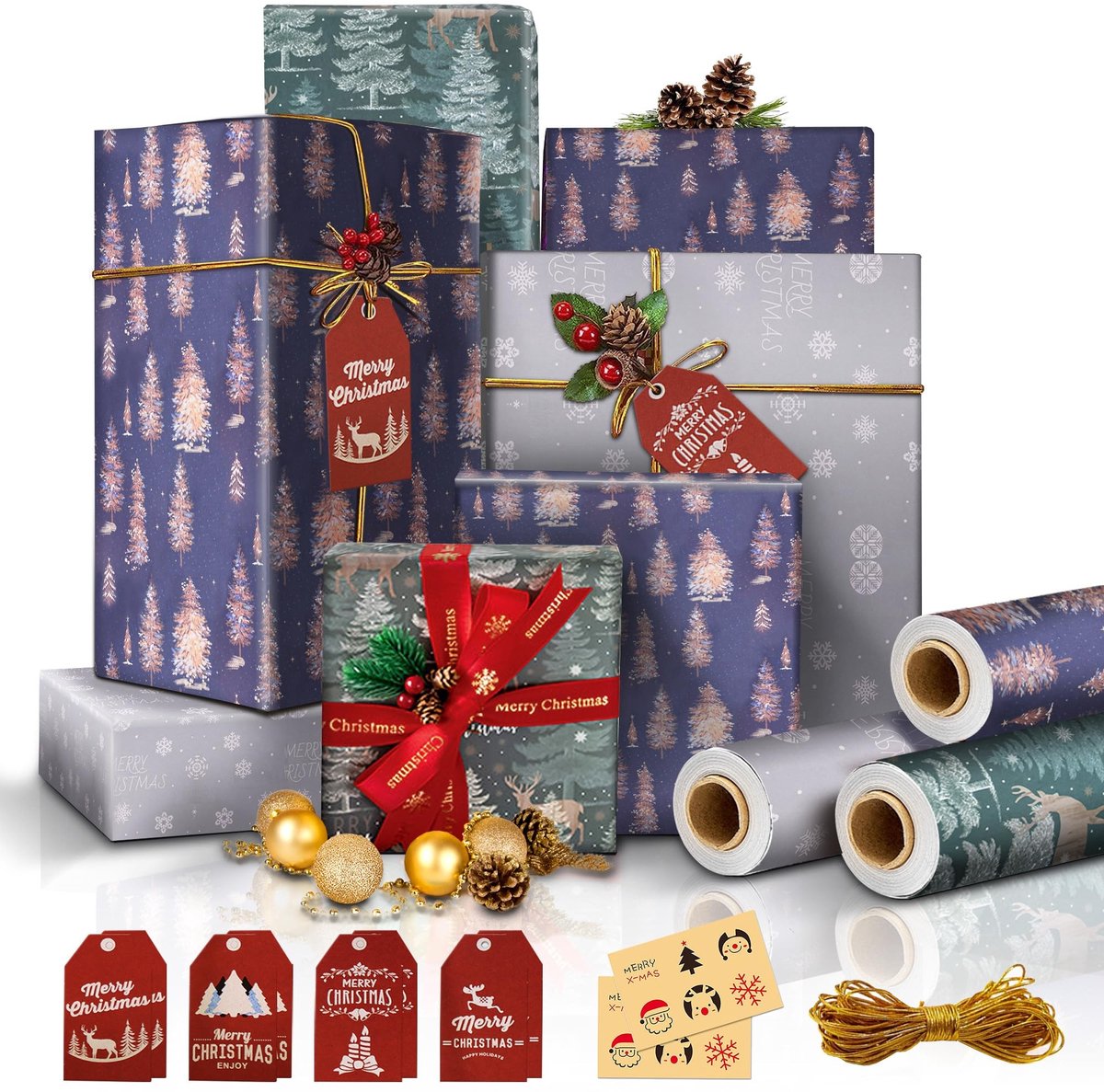 Omgoods - Kerst Inpakpapier Set met Gift Tags en Stickers