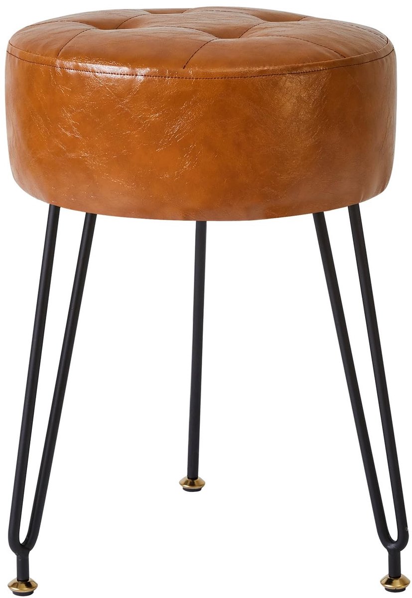 Omgoods - Lichtbruine Faux Leder Ronde Voetensteun - Make-up Kruk met Gouden Stalen Poten