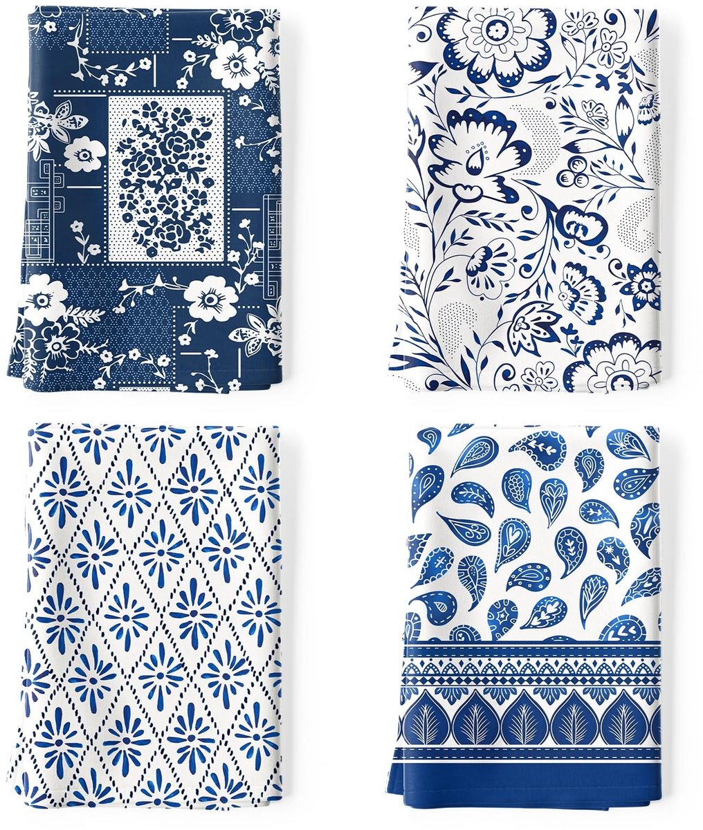 Omgoods- Theedoeken Set van 4 - 100% Katoen - Sneldrogend - Multifunctioneel - Keukenhanddoeken - Retro Blauw Patroon