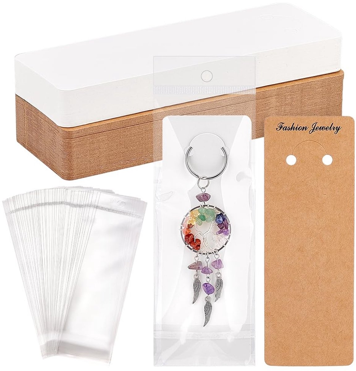 Omgoods- Sleutelhanger Displayhouder 100 Sets - Display Kaarten - Zelfsluitende Zakken - 5,9 x 2 Inch - Papieren Houder - Voor Weergeven van Sleutelhangers - Displaykaarten