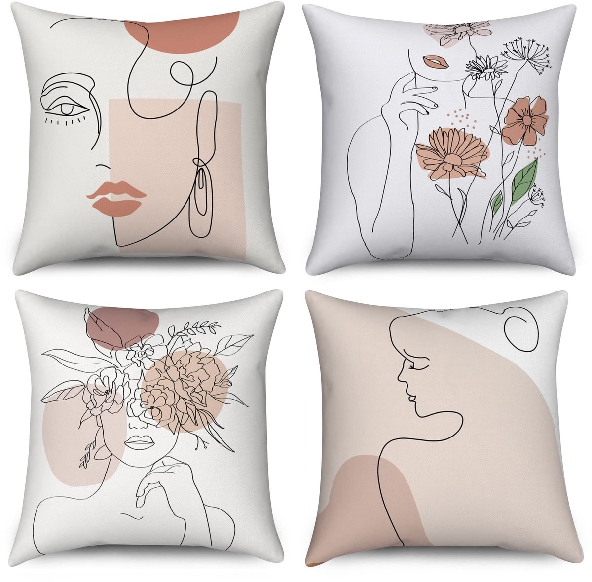 Omgoods - Set van 4 Minimalistische Kussenhoezen 40 x 40 cm met Abstracte Vrouw en Bloem Motief