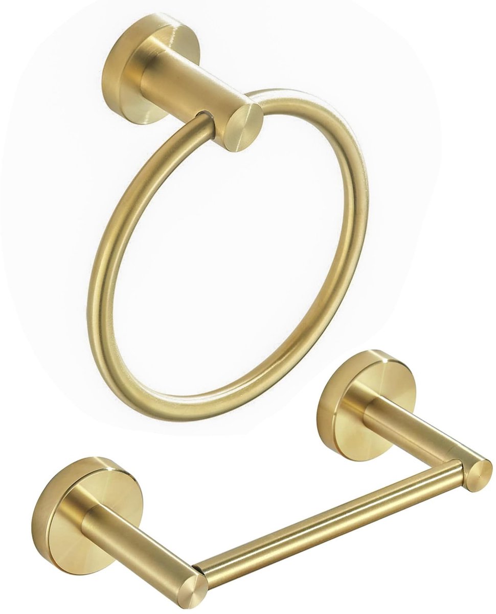 Omgoods - Toiletrolhouder en Handdoekring Set - 2 Stuks Geborsteld Goud - RVS Badkamer Accessoires