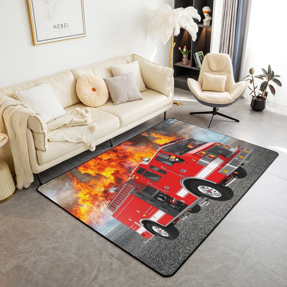 Omgoods - Brandweer Auto Tapijt 100 x 150 cm, Machinewasbaar