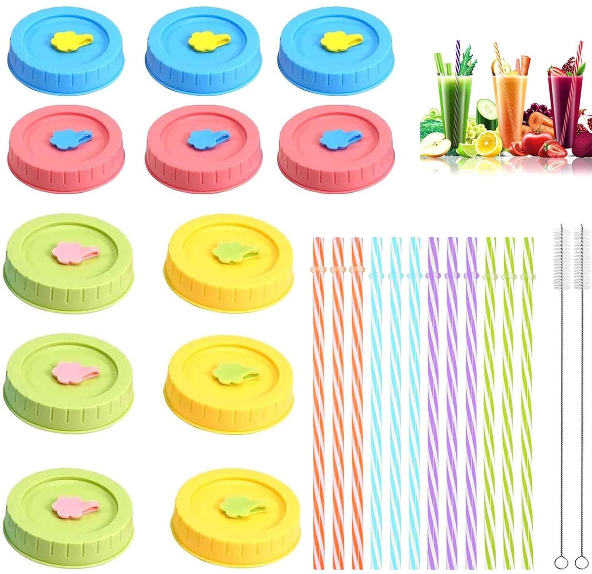 Omgoods - Mason Jar Lids Set, 12 Stuks met Rietjes en Silicone Stoppen - BPA-vrij en Voedselveilig