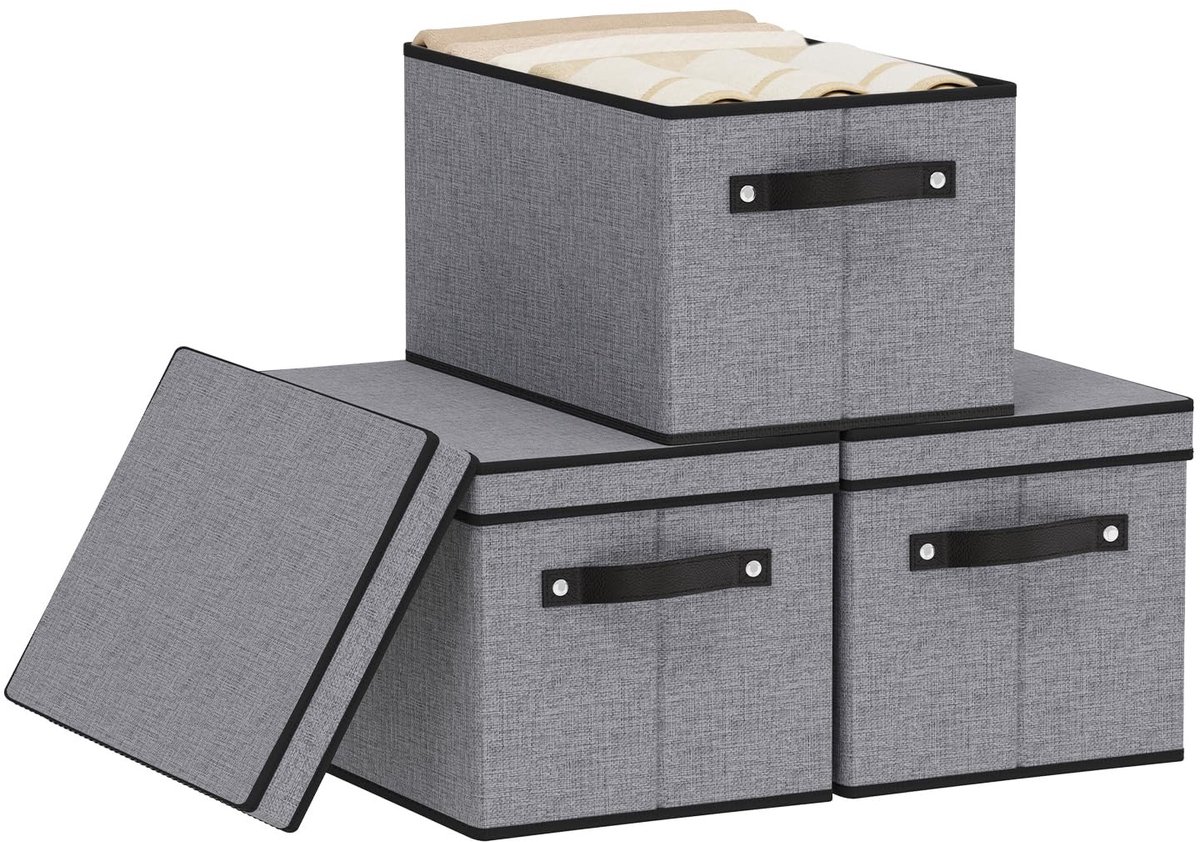 Omgoods - Set van 3 Opbergdozen met Deksel en Handvatten voor Organisatie