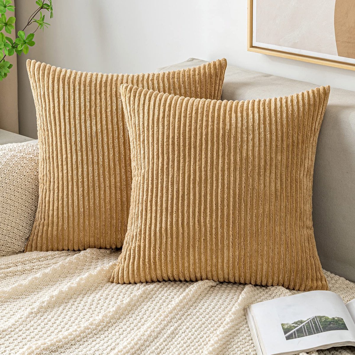 Omgoods- Kussenhoezen Ribfluweel - Set van 2 - 45 x 45 cm - Zacht - Decoratieve Kussenslopen - Verstevigde Rits - Kussensloop