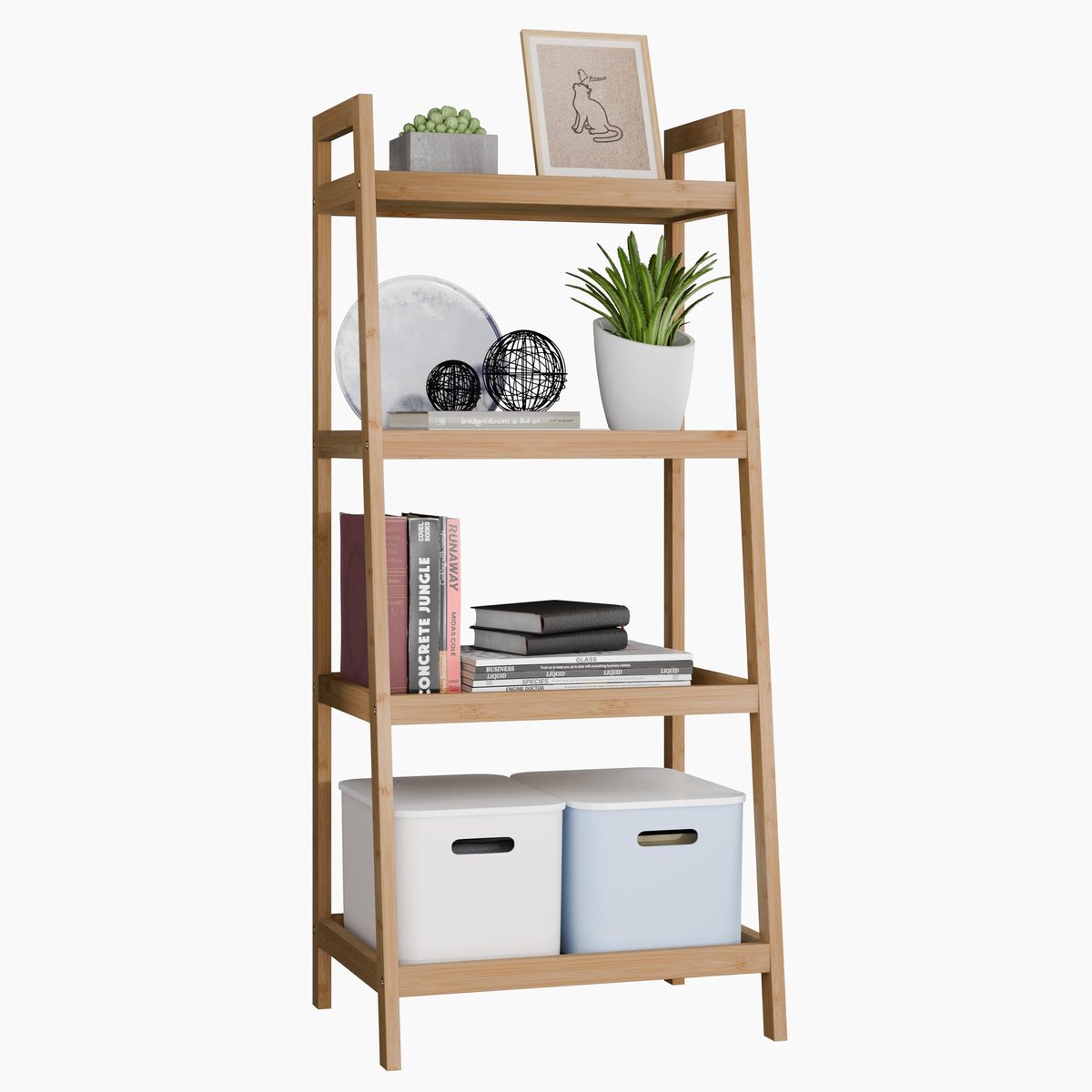 Omgoods - Bamboo Ladder Boekenkast met 4 Planken voor Badkamer en Woonkamer