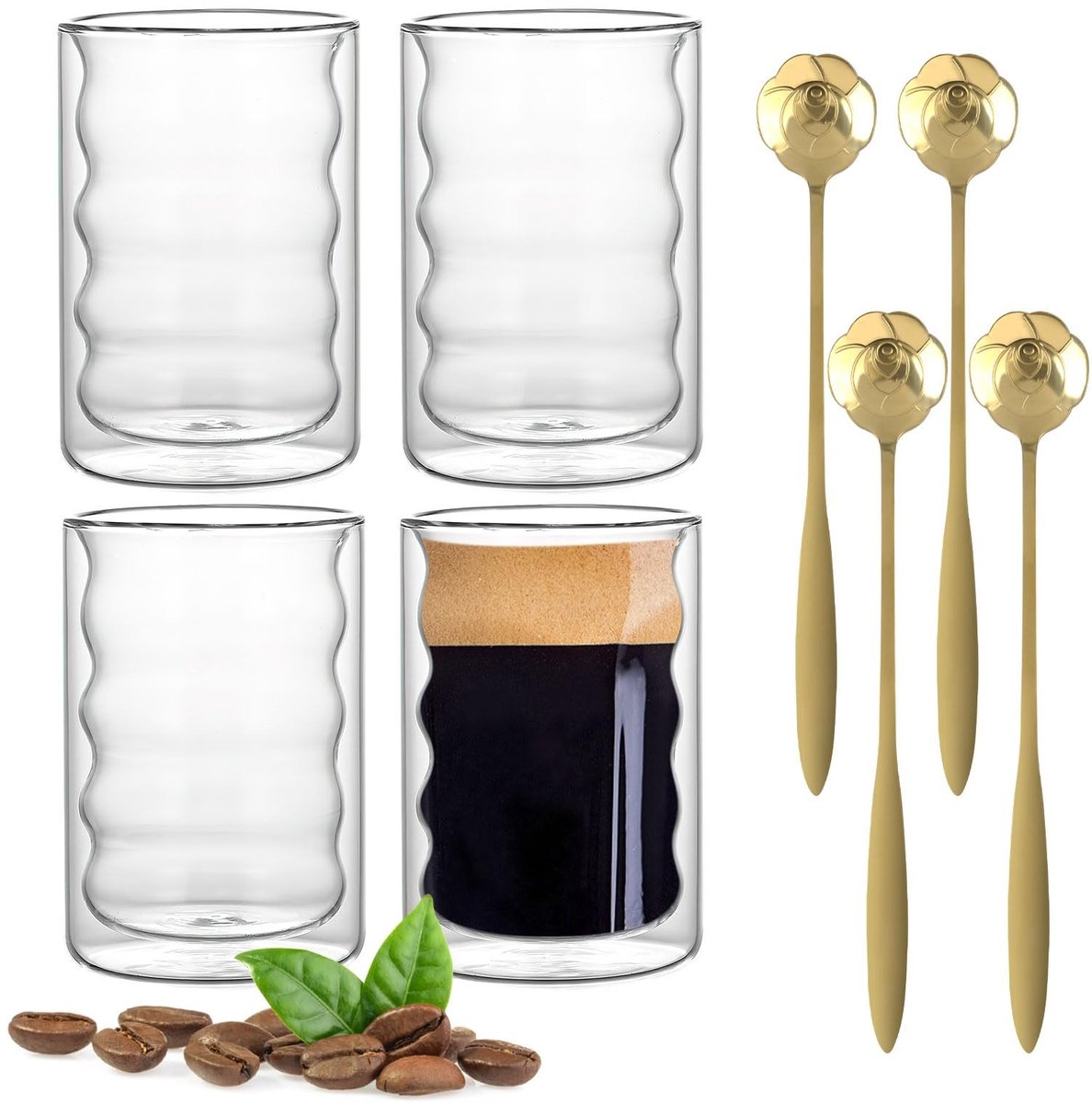 Omgoods- Latte Macchiato Glazen 350 ml - Dubbelwandige Glazen - Thermoglazen - Koffiekopjes - Set van 4 - Inclusief Roestvrijstalen Lepels