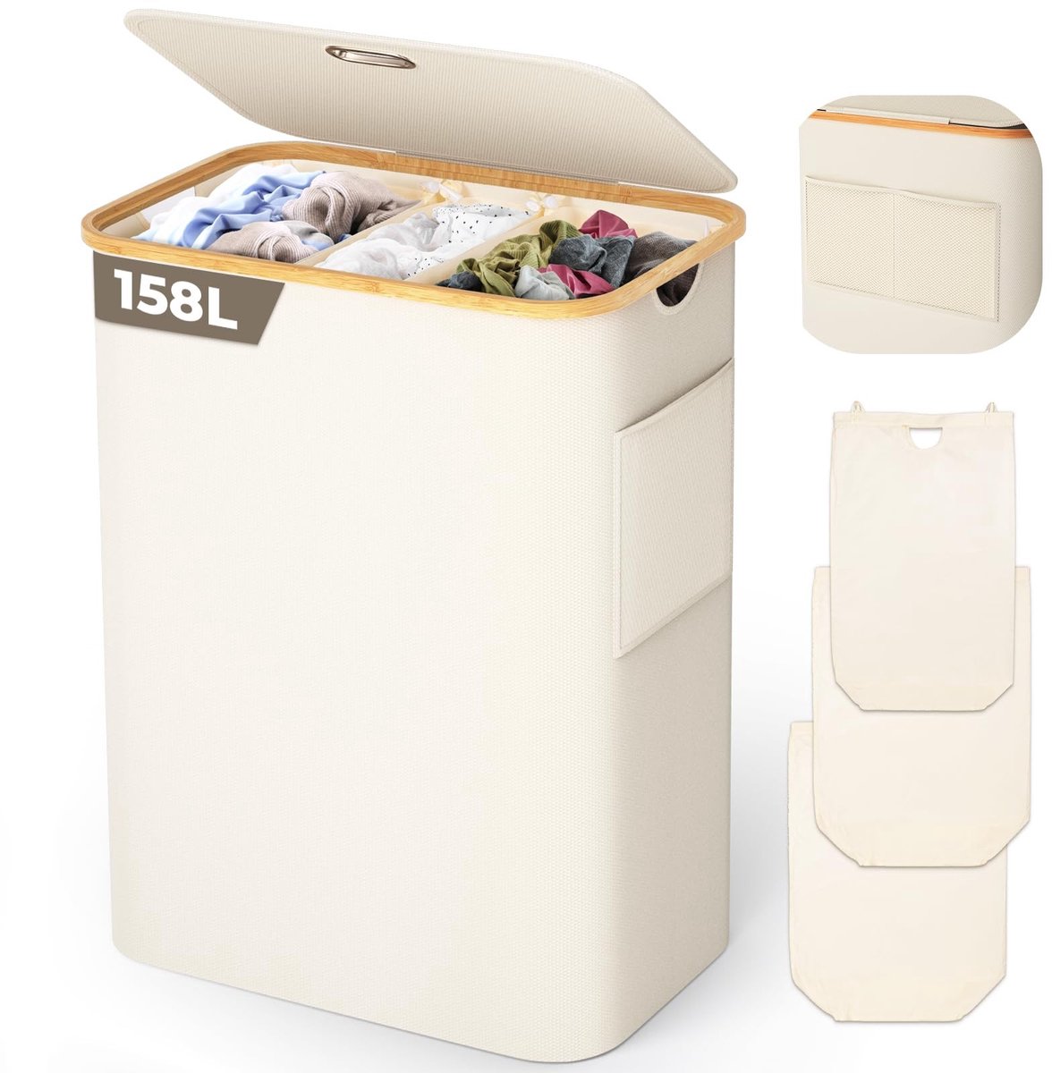 Omgoods - Wasmand met Deksel en 3 Compartimenten 158L