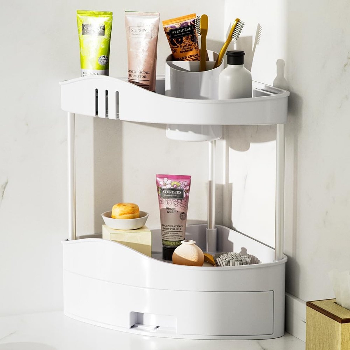 Omgoods - Hoekplank voor Badkamer met Lade, 2 Laags Plastic