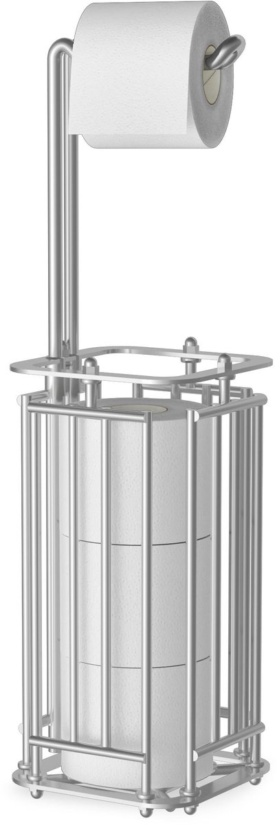 Omgoods- Toiletpapierhouder Vrijstaand - Opbergtoren voor 4 Reserve Rollen - Toiletrolhouder - Toiletrolhouder zonder Boren - Badkameraccessoire - Zilver
