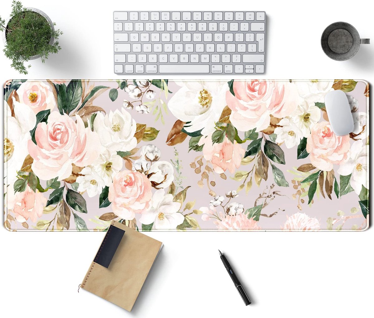 Omgoods - XL Muismat met Roze Bloemen en Groene Bladeren - Voor Thuis en Kantoor