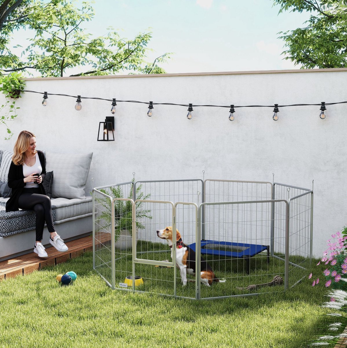 COVREO Puppyren 80 cm hoog zilver, stalen 8 panelen met deur