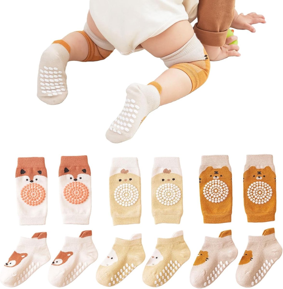 3 Paar Babykniekousen en 3 Paar Baby Sokken Set voor Kruidende Kinderen, Antislip met Rubberpunten, Schattige Cartoonpatronen voor Peuters 0-12 Maanden