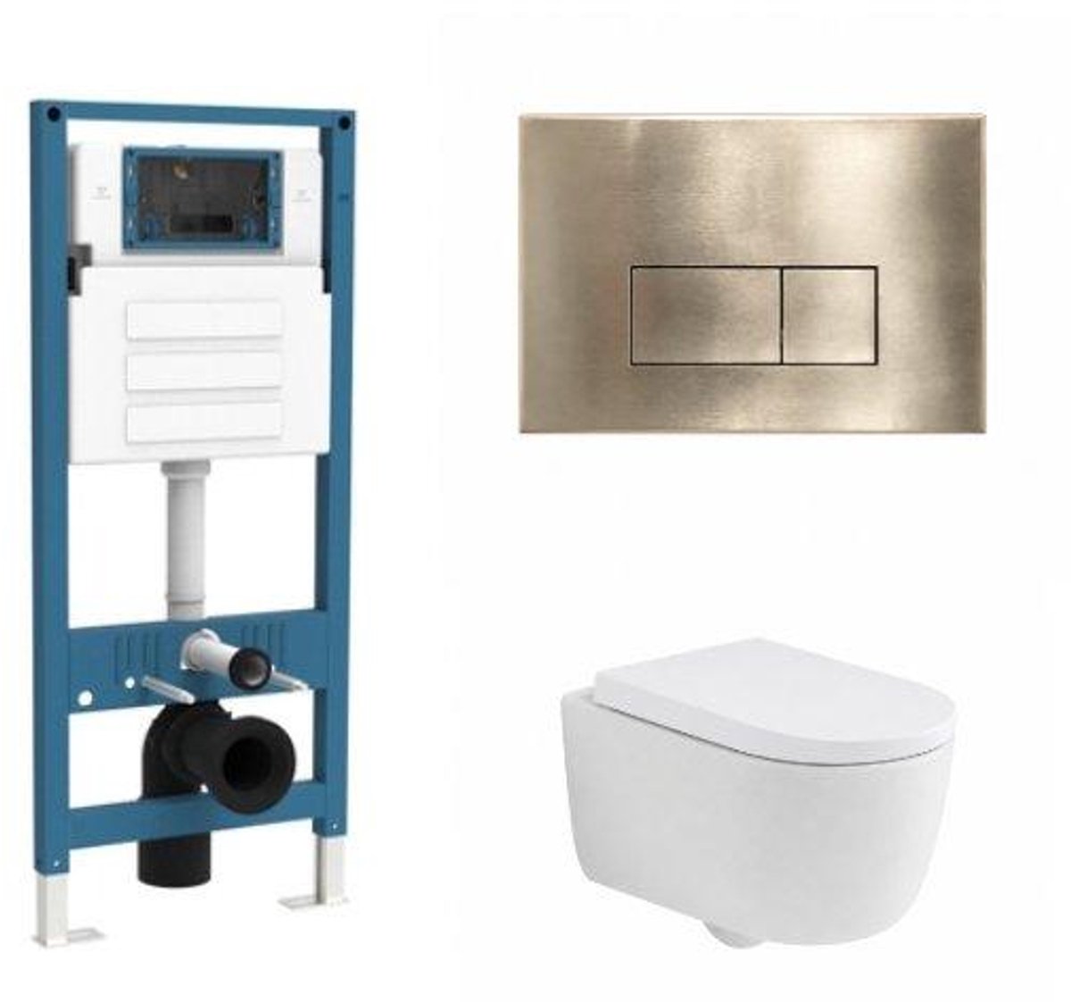 QeramiQ Dely Swirl Toiletset - inbouwreservoir Qeramiq Flush - 35mm zitting - metaal messing geborstelde bedieningsplaat - rechthoekige knoppen - mat wit