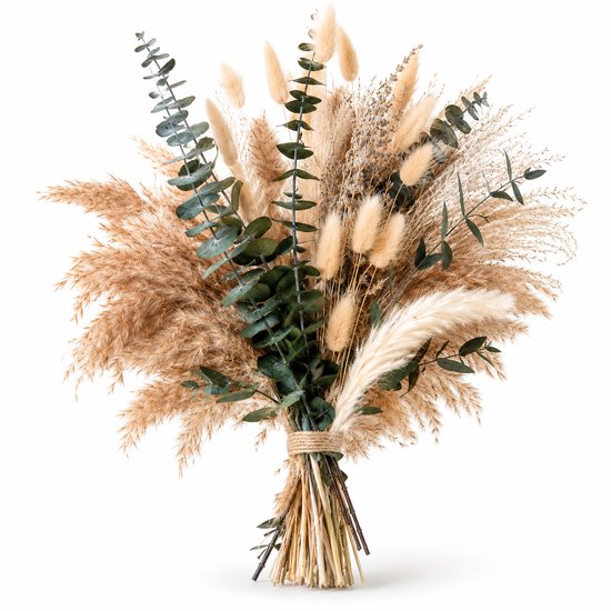 Bouquet de graminées de la pampa séchées, de queue de lapin et de feuilles d'eucalyptus dans des tons naturels.