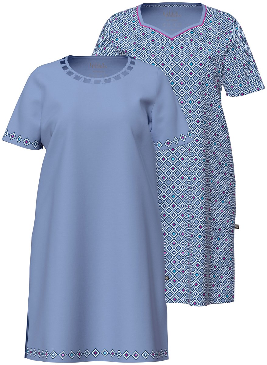 Ulla Popken - Dames - Bigshirts set van 2 patroon ronde hals korte mouw - Duifblauw - Maat 50+