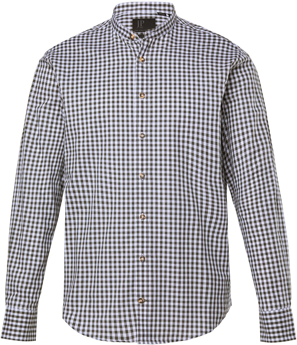 JP 1880 - Heren - geruit overhemd klederdrachtlook lange mouwen opstaande kraag - Donkerolijf - Maat 7XL