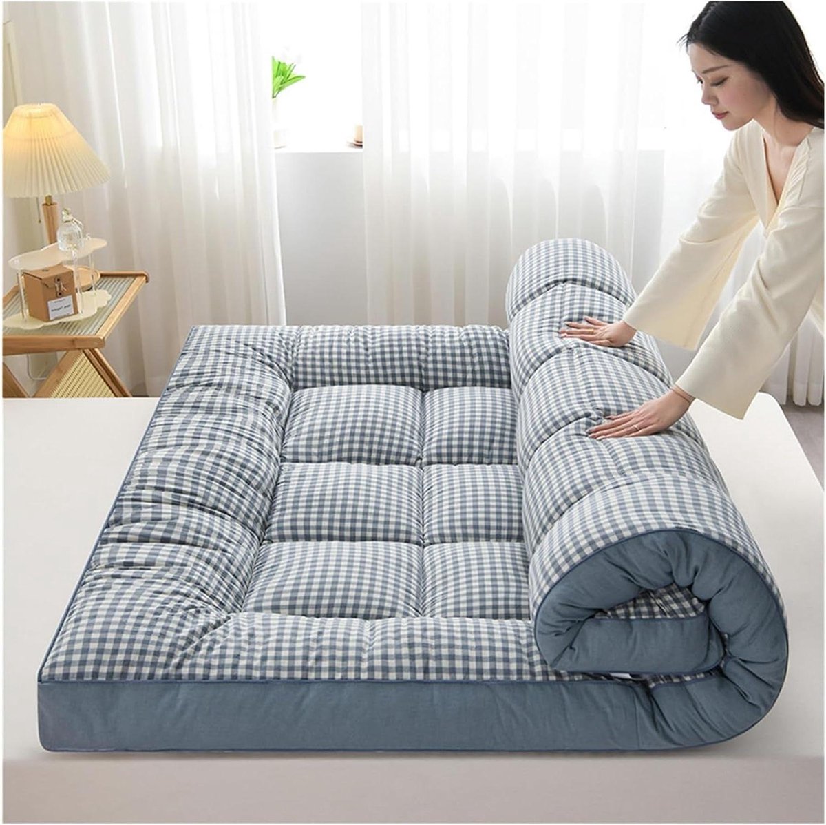 Vloermatras - Japanse futonmatras slaapmat - Comfortabel slapen - Opvouwbaar en draagbaar - 120x200cm - Blauw ruitpatroon