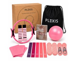 Plexis Beginners Pilates Set 14-delig - Yoga - Sokken - Bal - Ring - Weerstandsbanden - Met E-book en Opbergtas - Fitness set - Roze
