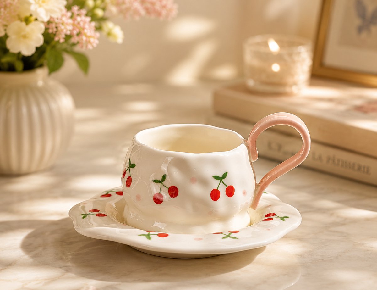 Roze Kersen Keramische Koffiekop en Schotel Set - 250ml, Handbeschilderd, Magnetron- en Vaatwasserbestendig