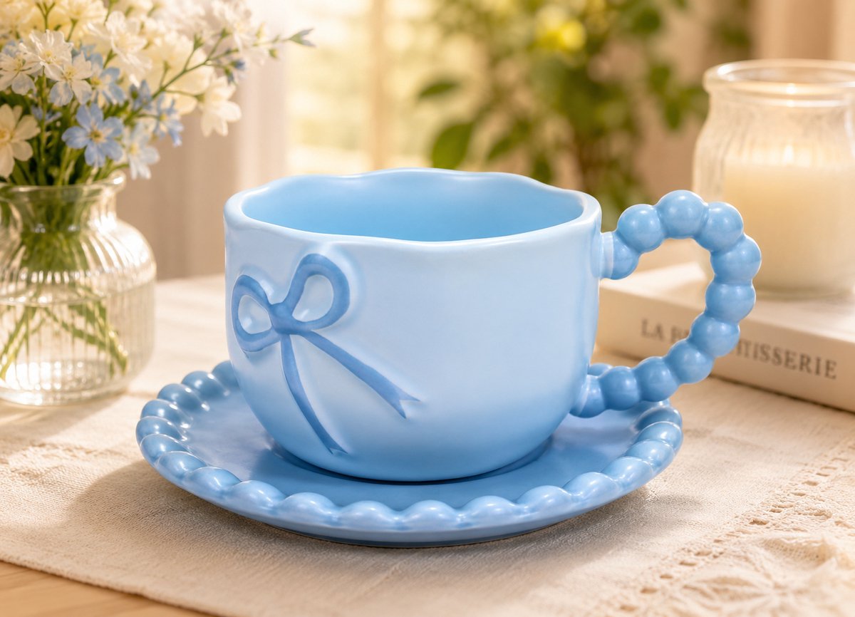 350 ml Blauwe Koffiemok met Strik en Schoteltje - Porseleinen Keramische Kop