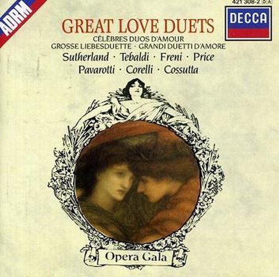 Albumhoes voor "Great Love Duets" met een portret van twee vrouwen in een medaillon, omringd door bloemenkransen. Decca label.