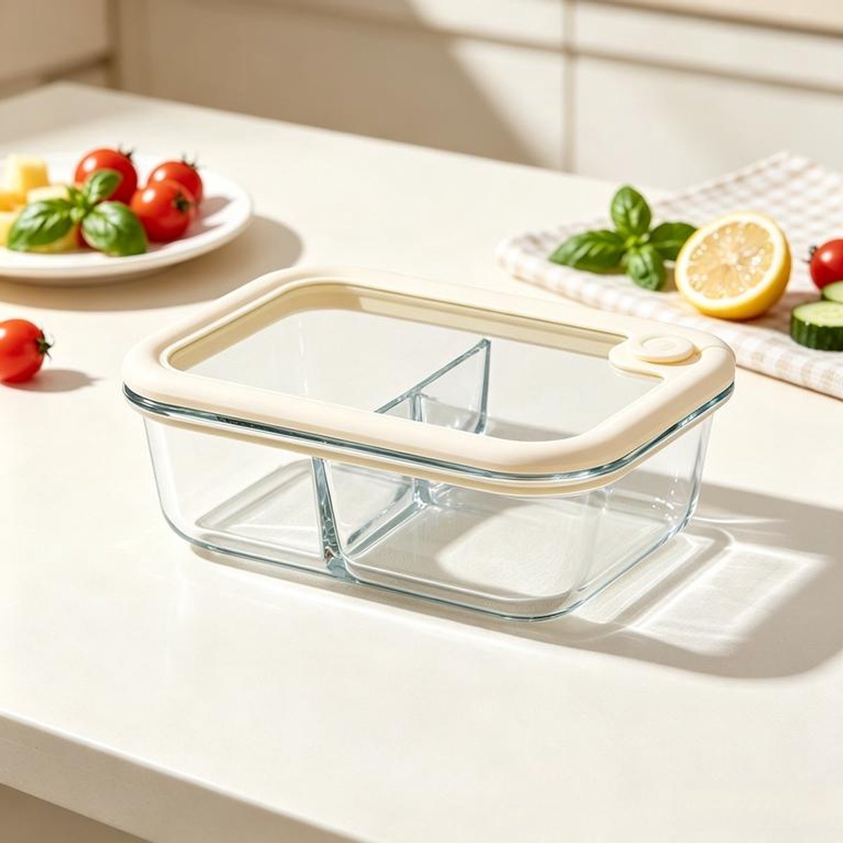 KZQ Glazen Bewaarpot - Uitstekende afsluiting, magnetronbestendig, borosilicaatglas - Geschikt voor voedselbereiding en koeling - 1040 ml - 20 x 15 x 7 cm - Ontwerp met drie compartimenten - Transparant