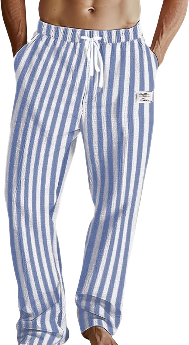 Currero Gestreepte Broek Heren and Striped Pants Yacht Club Linnen Broek Zomerbroek Volwassenen Lange Broek Strandbroek Hemelsblauw