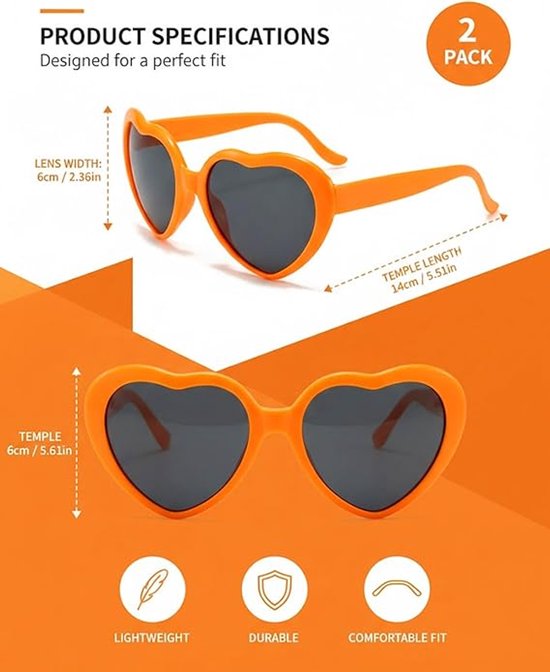 2× koningsdag bril - Unisex Oranje Zonnebril - koningsdag - koningsdag accessoires - oranje bril - Festival Bril - hartvormige zonnebrill - Oranje Glazen - Nederlands Elftal - WK 2026 - Oranje van Merkloos — afbeelding 2