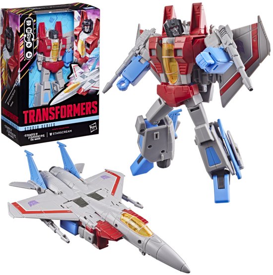Starscream robot in rode, grijze en blauwe kleuren, met naast zich een straaljager in dezelfde kleuren.