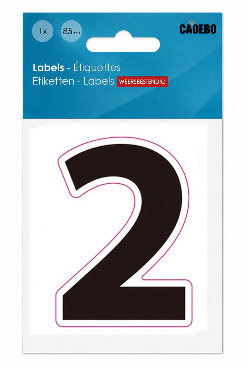Plakcijfer - Nummer Sticker - 2 - Cadebo - Weerbestendig - 8,5 cm hoog, 6 cm breed, perfect formaat - Zwart