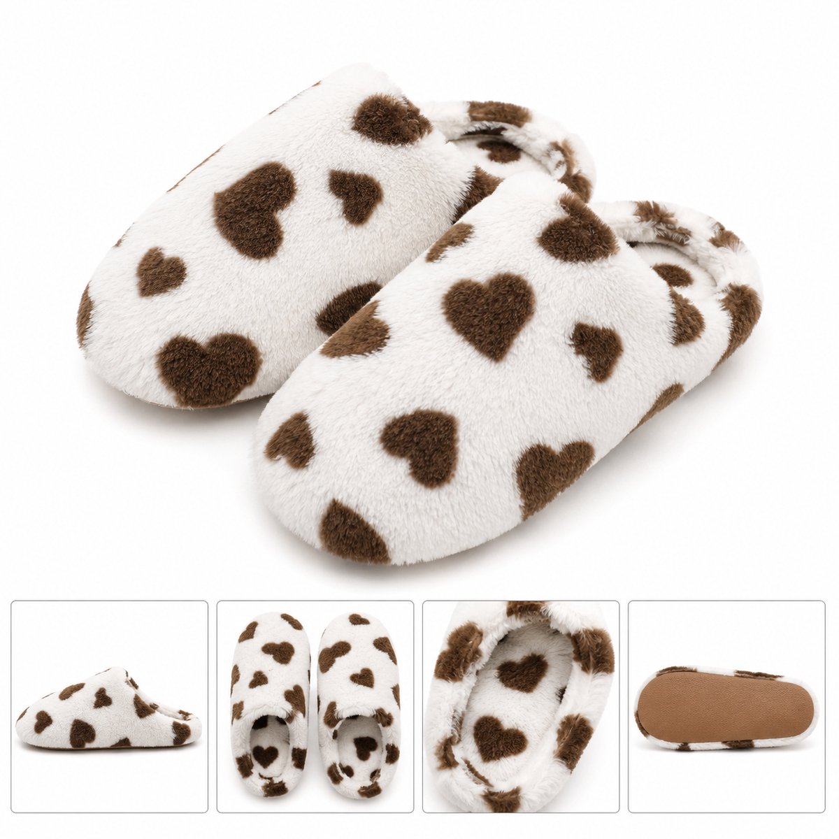 Puresolve Dames Pantoffels met Hartjes – Warme Zachte Huissloffen – Pluche Sloffen voor Dames - Maat 42/43 - wit/bruin -